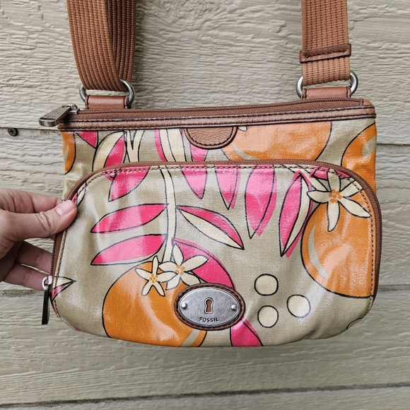 Fossil Key-Per coated canvas crossbody bag pink leaves orange fruit - Picture 2 of 8
